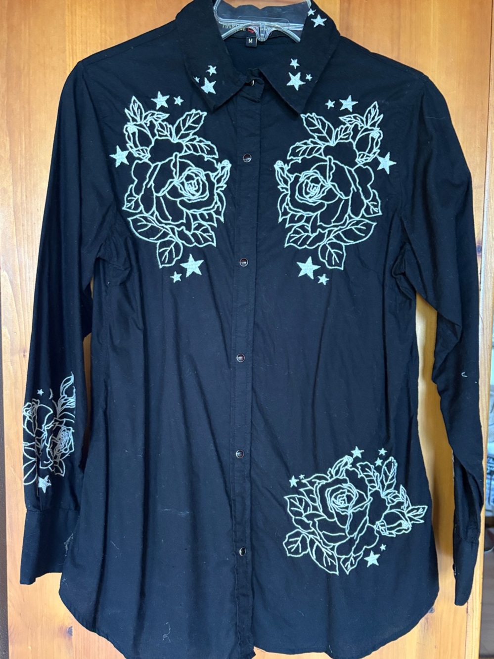 Marvel Black Button Up Top with White Roses and Stars